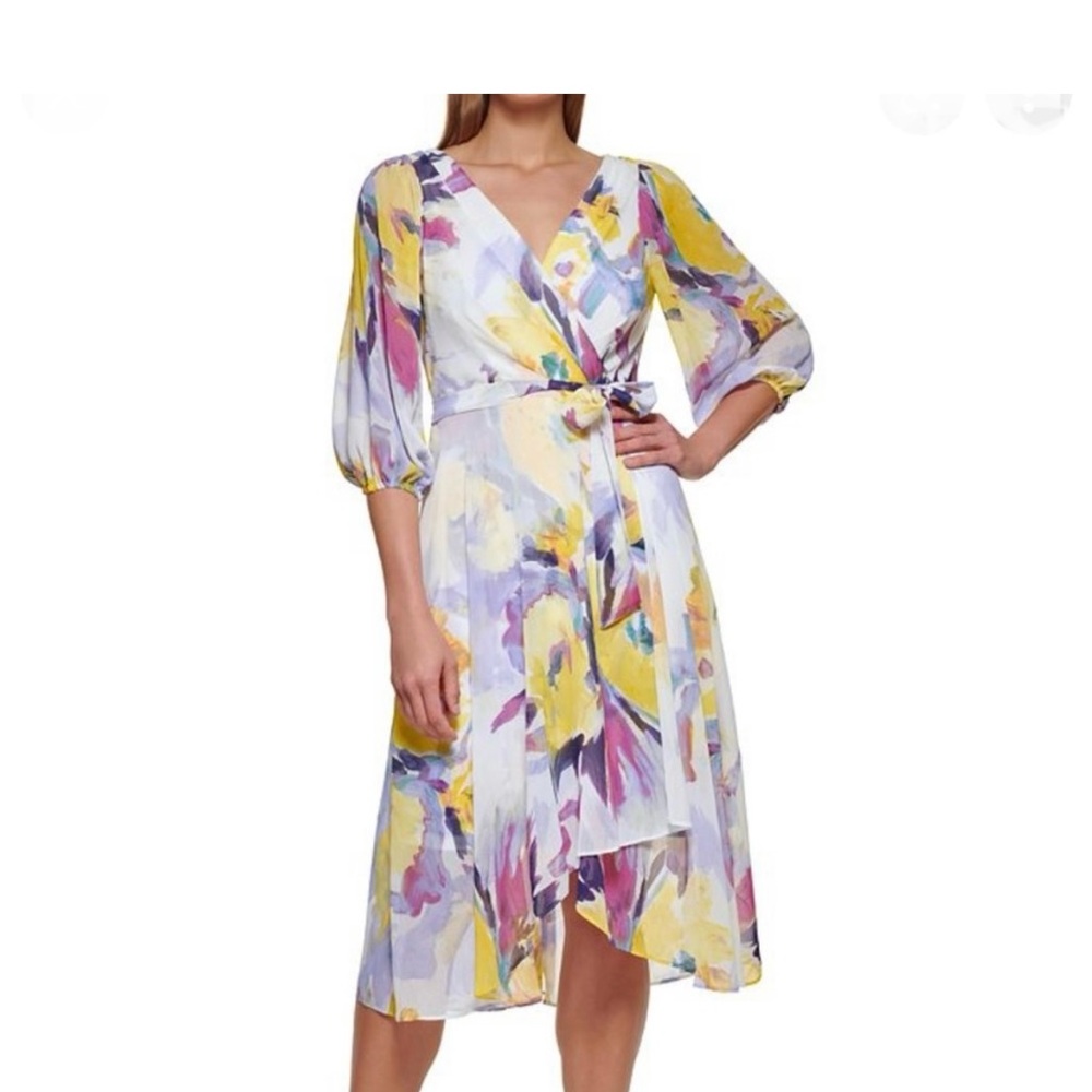 DKNY Yellow and Purple Floral Midi Dress